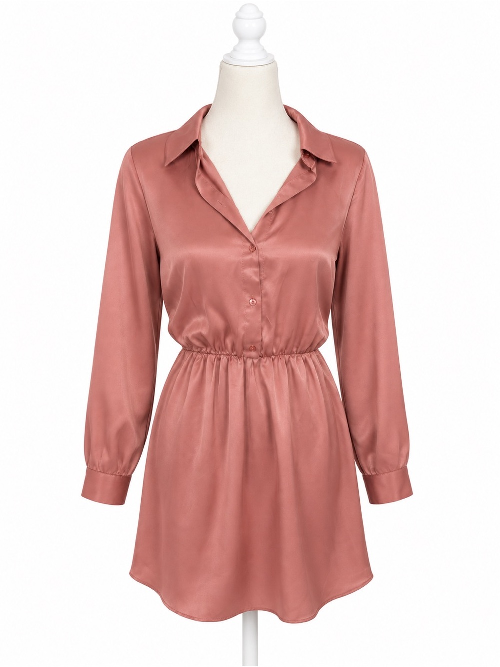 Zara Blush Pink Satin Shirt Dress Womens XS Long Sleeve Elastic Waist Silky
